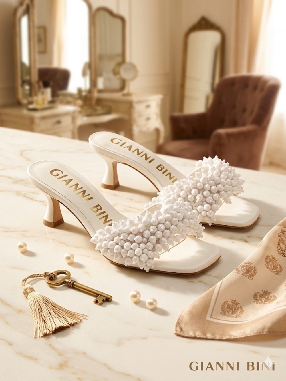 Gianni Bini Lonzo Women's White Bead Ornament Square Toe Slide Sandals Size 6.5